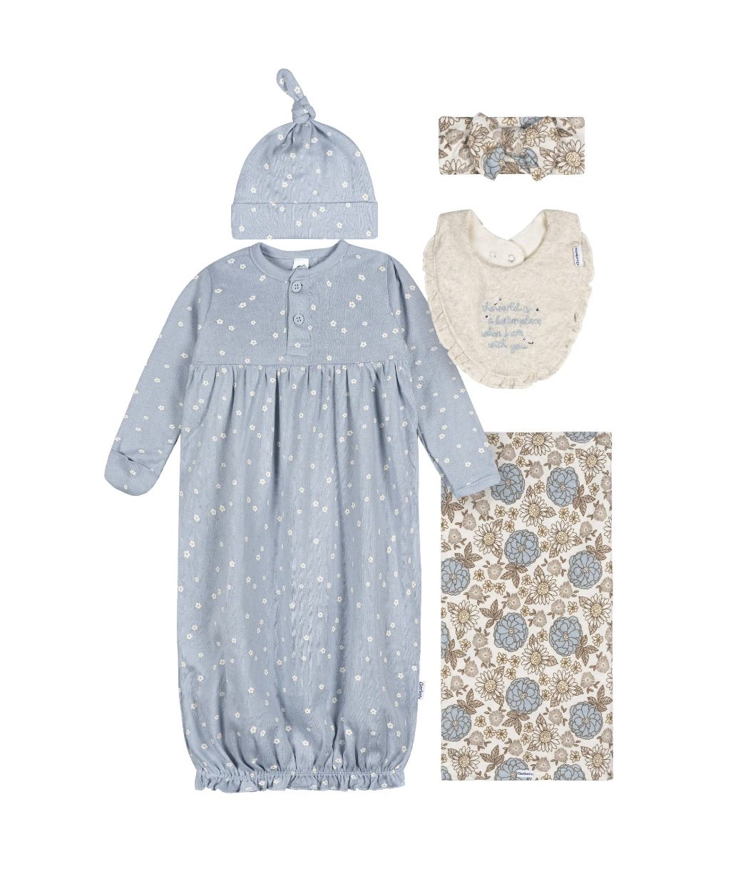 Gerber set of 5 pcs swaddle blanket & hat set with gown , gap, and bib