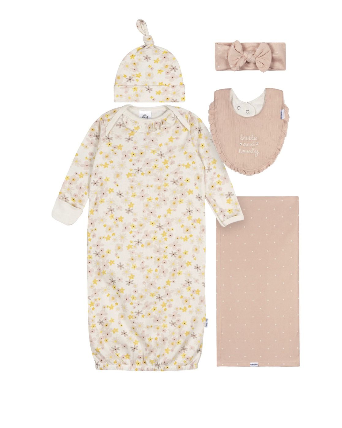 Gerber set of 5 pcs swaddle blanket & hat set with gown , gap, and bib