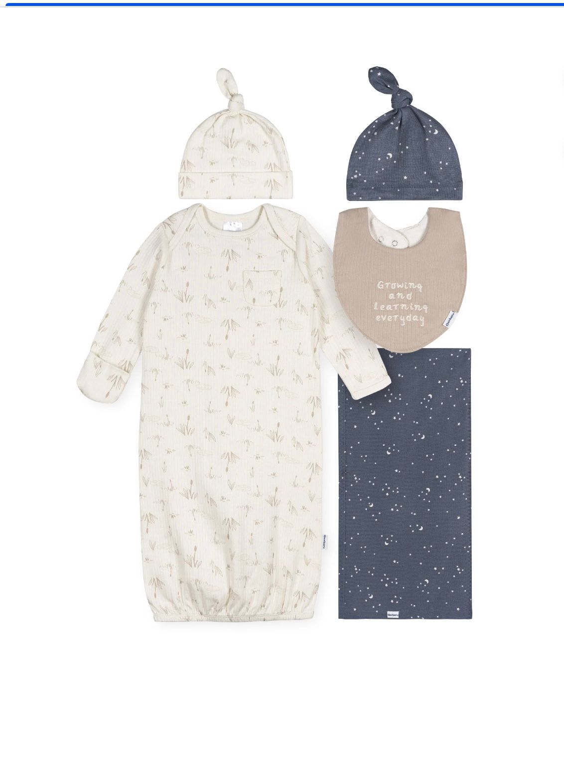 Gerber  set of 5 pcs swaddle blanket & hat set with gown , gap, and bib