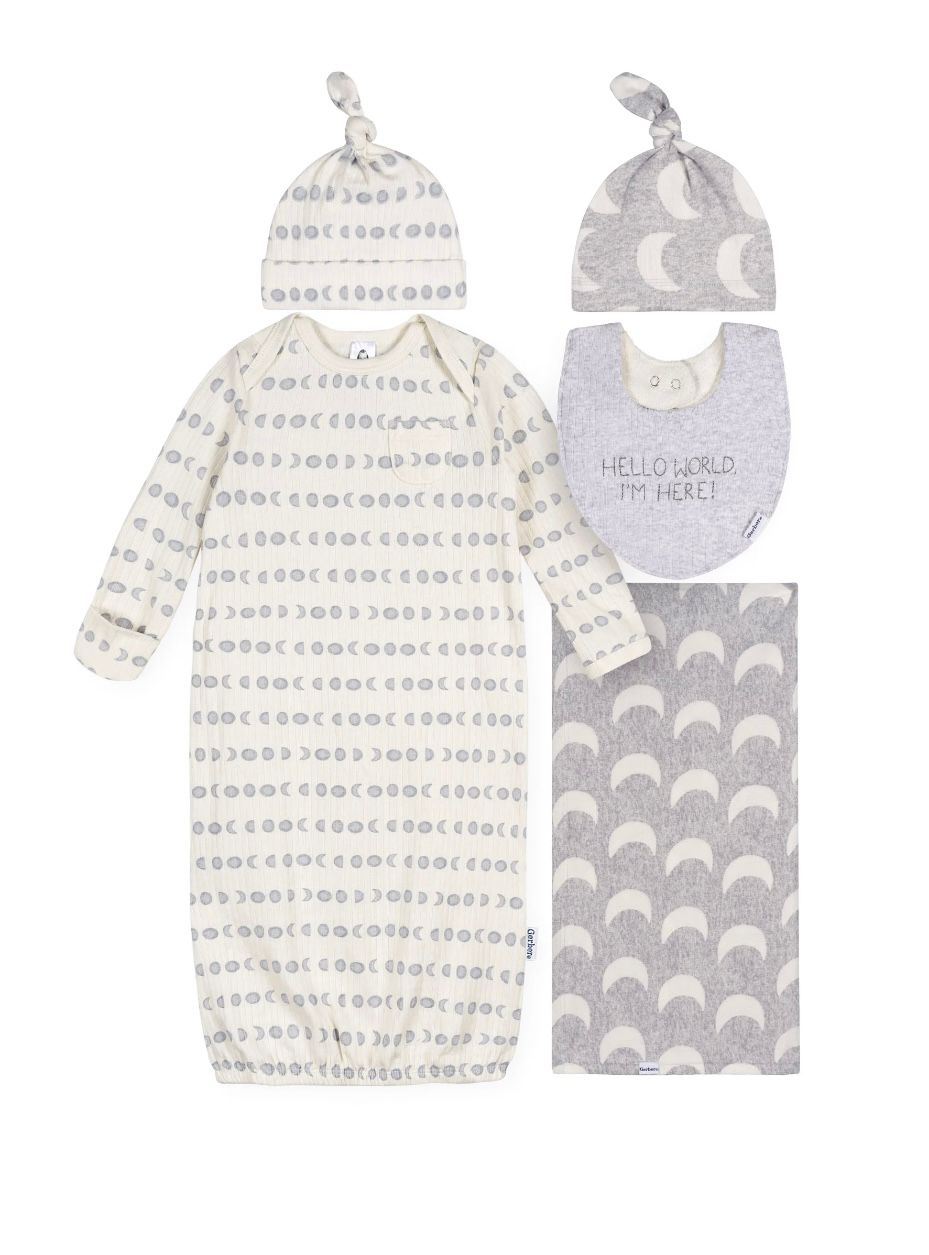 Gerber set of 5 pcs swaddle blanket & hat set with gown , gap, and bib
