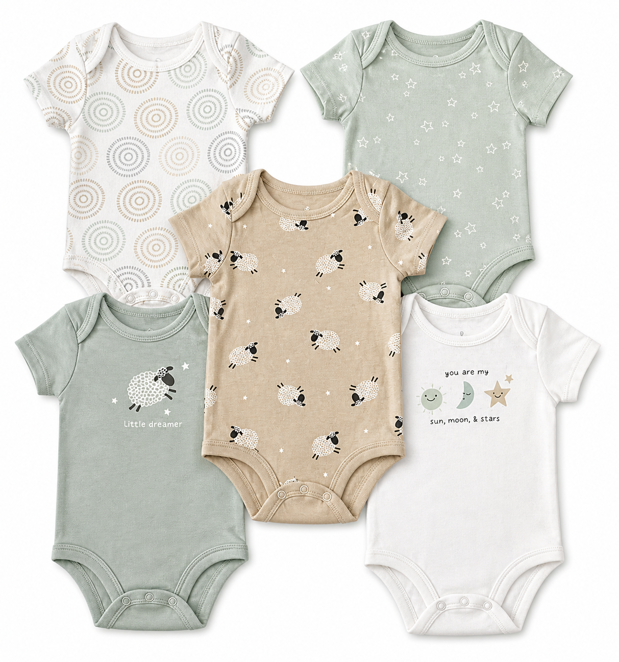 Baby sheep and stars bodysuit set (5-pack)