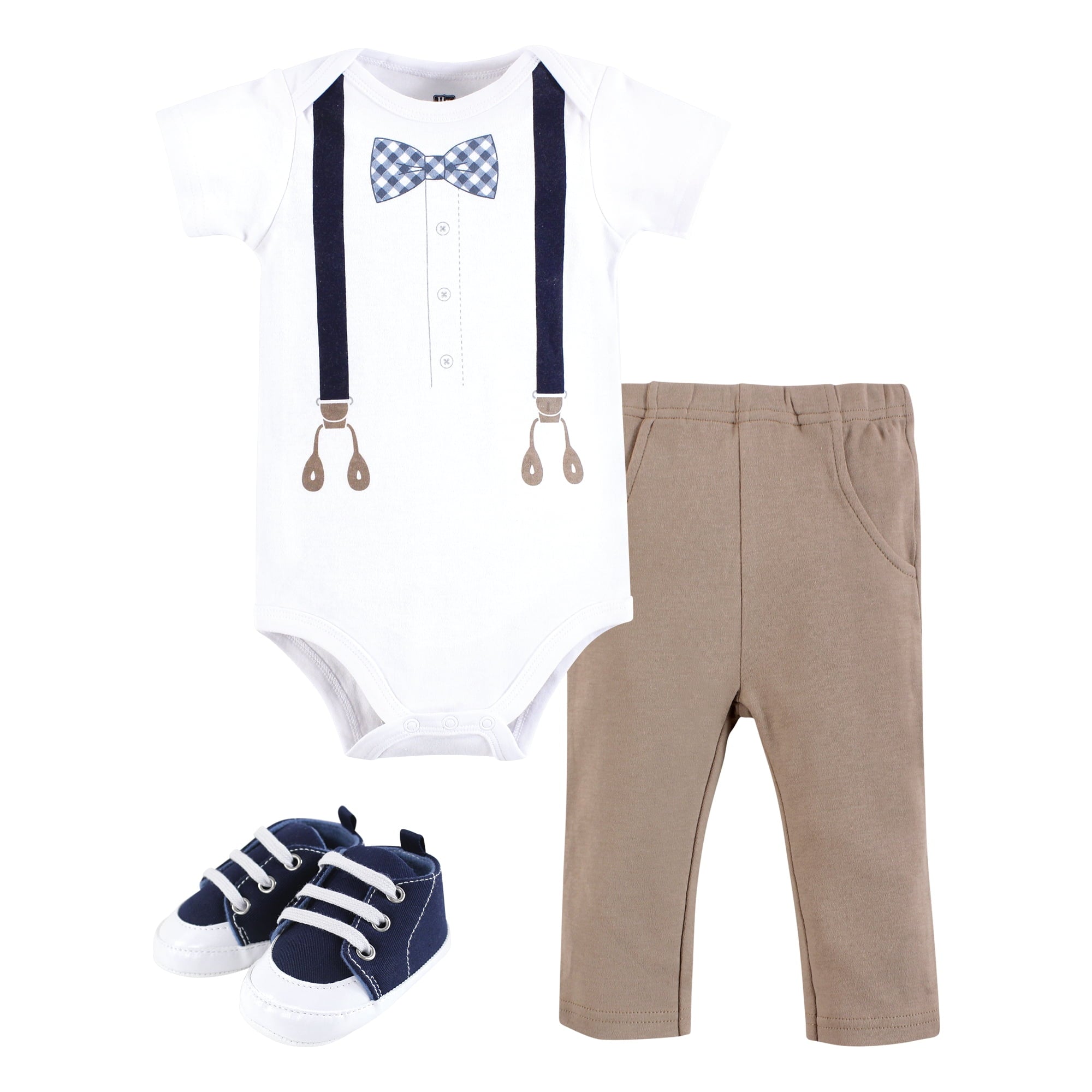 Baby Boy Cotton bodysuit,pants and shoe set, blue gingham Bow tie .