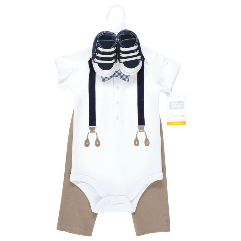 Baby Boy Cotton bodysuit,pants and shoe set, blue gingham Bow tie .